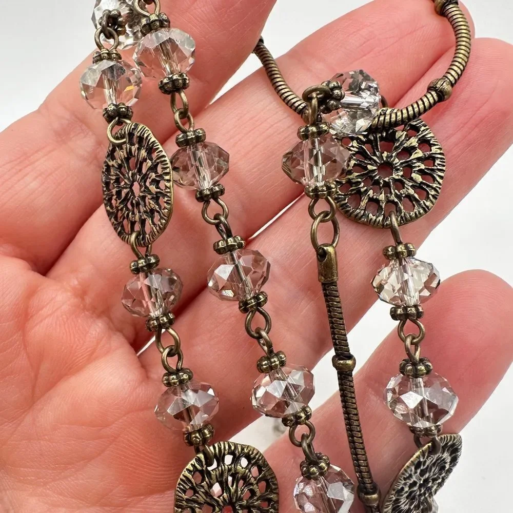36” brass tone metal with glass‎ crystal beads, necklace!